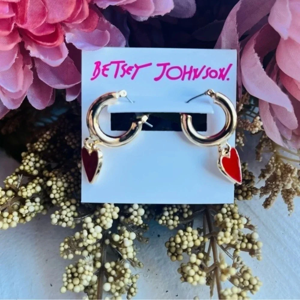 Betsey Johnson Heart Huggie Hoop Earrings Gold Tone Enamel NWT